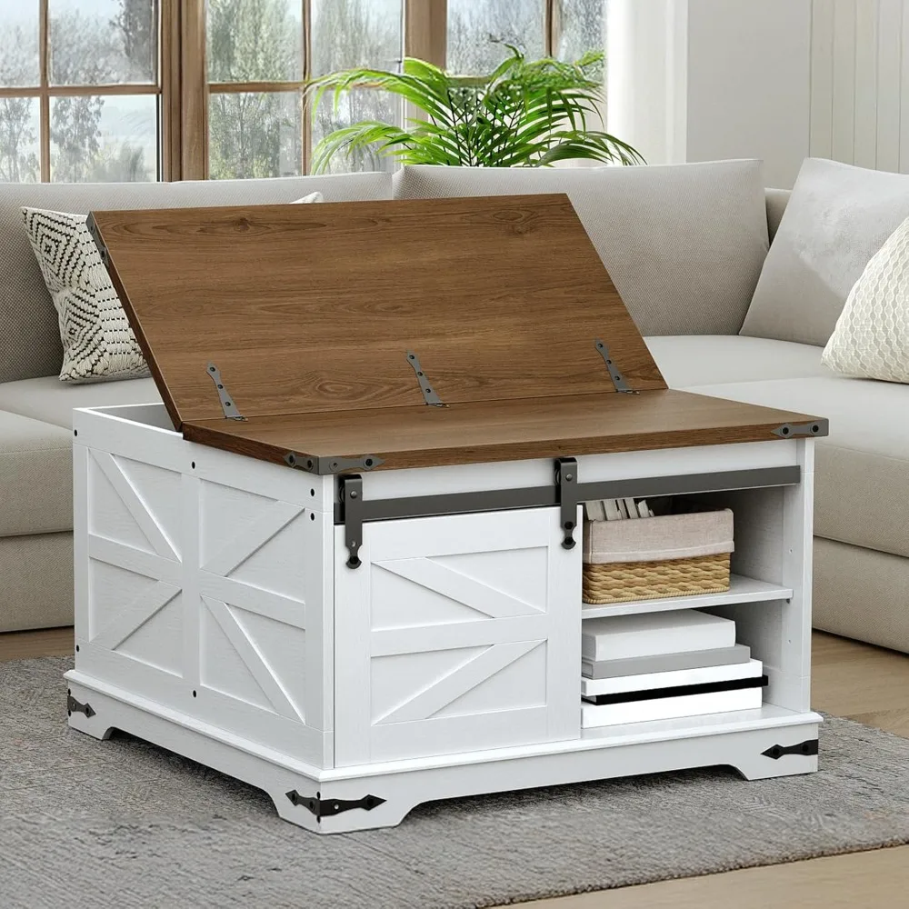 

White Farmhouse Coffee Table with Storage, Large Square Coffee Tables for Living Room, Lift Top Coffee Table Square