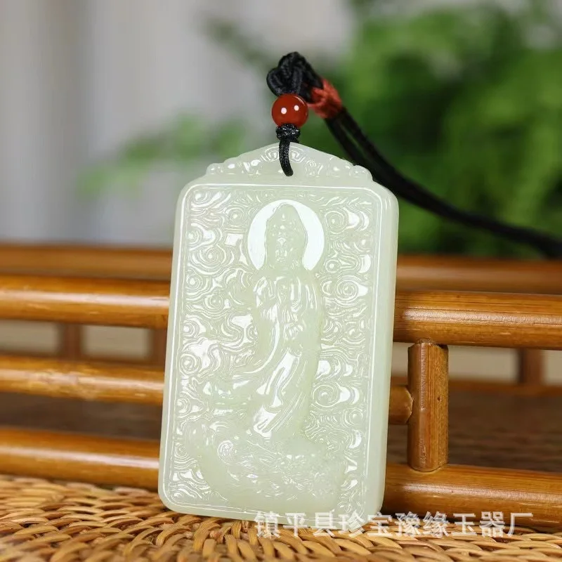 Hotan Station , Green And White Jade Guanyin Riding A Buddha Statue Pendant Men