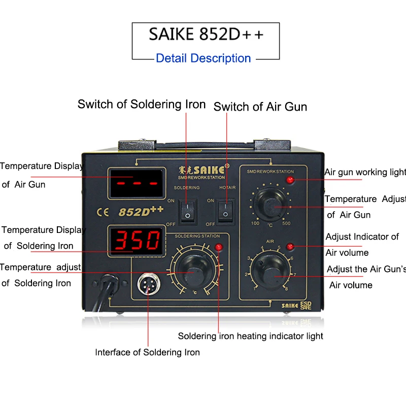 High Quality Original SAIKE 852D++ 2in1 SMD Rework Station Soldering Iron Hot Air Rework Station Hot Air Gun Soldering Station