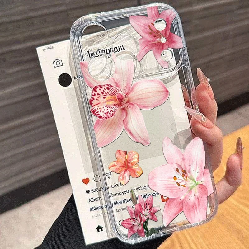 Phone Case For Samsung Galaxy S26 S25 S24 Note20 Ultra S22 S23 S21 Plus A56 A33 A55 A36 A54 Pink Lily Flowers Pattern TPU Cover