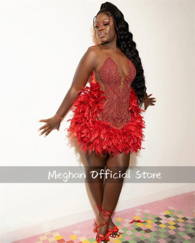 

Red O N Bead Crystal Short Prom Dresses For Black Girls Rhinestone Graduation Gown Feathers Mini Cocktail Homecoming Customized