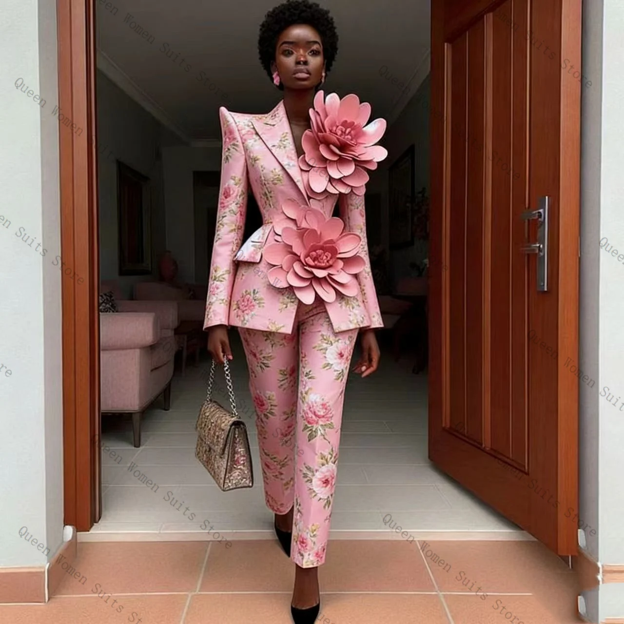 Pink Printed Women Suit Pants Set 2 Pcs Blazer+Trousers 3D Flower Prom Formal Office Lady Jacket Wedding Coat Customized