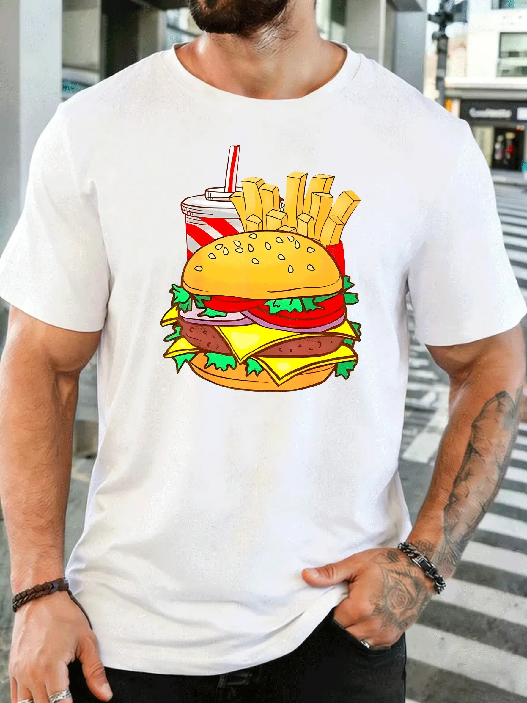 Men Short Sleeve T Shirt Burger Fries Soda Graphic Tee Fast Food Print Tops Summer Soft Cotton Casual Street Wear For Adult Male