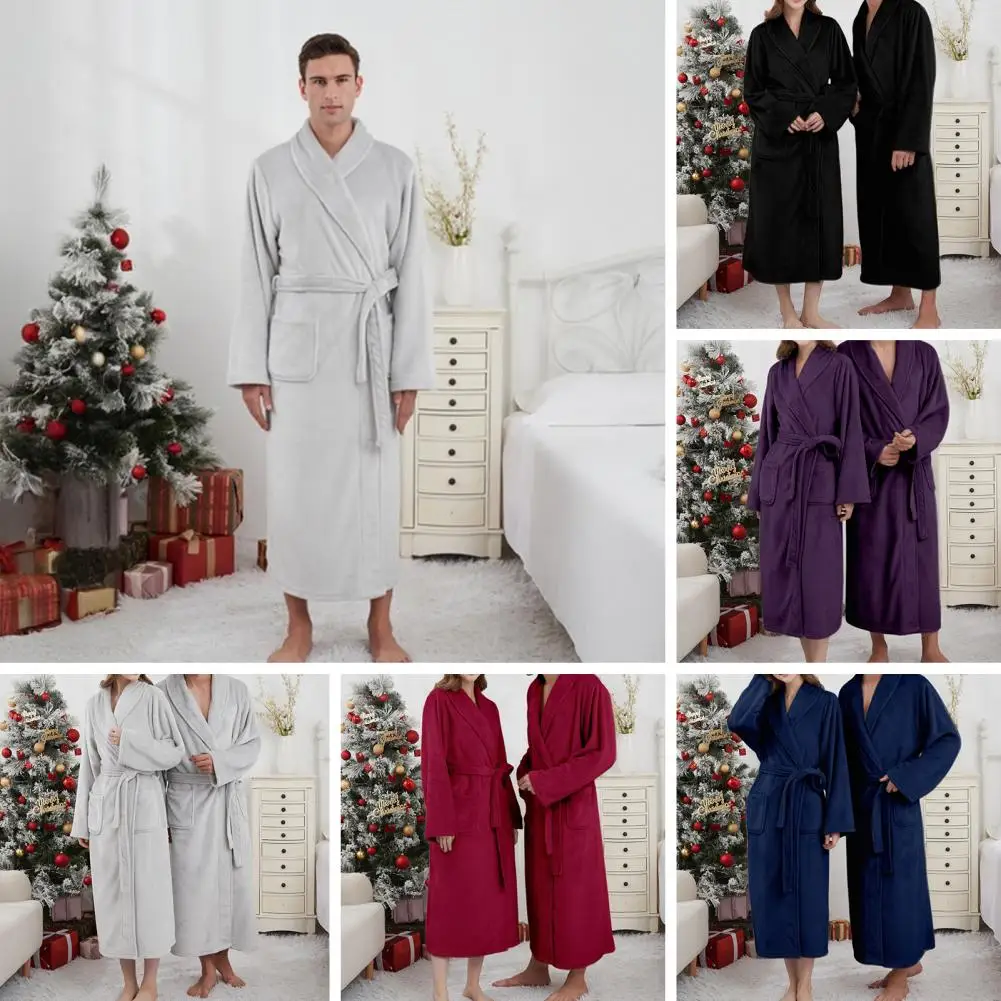 

Мягкий халат, фланелевой халат для пар, мягкая одежда для дома с длинными рукавами и карманами, завязка на талии, ночная рубашка, халат для мужчин и женщин