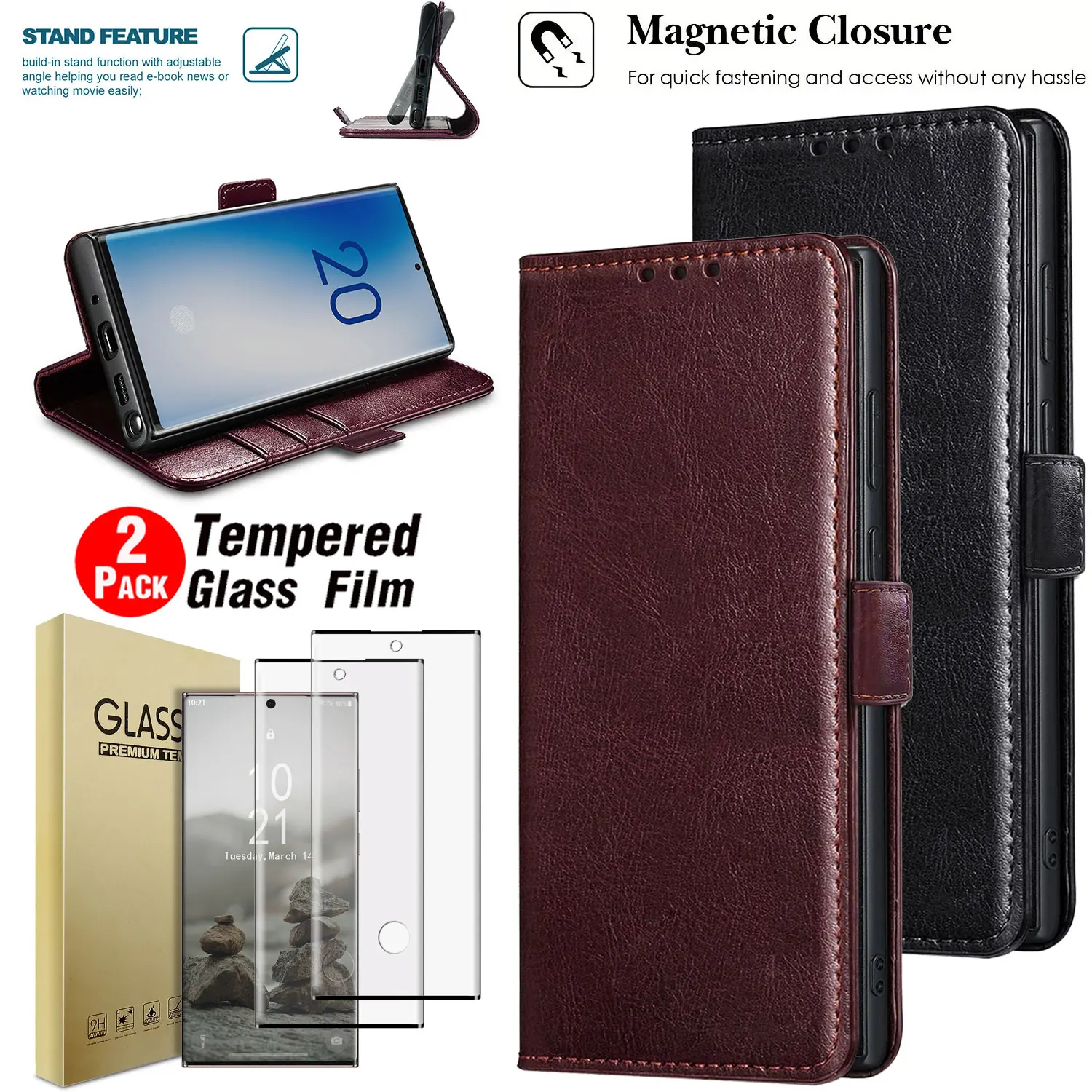

For Samsung For Galaxy Note20/Note20 Ultra Faux Leather Case Flip Stand Folio Cover +2PCS Clear Tempered Glass Screen Protectors