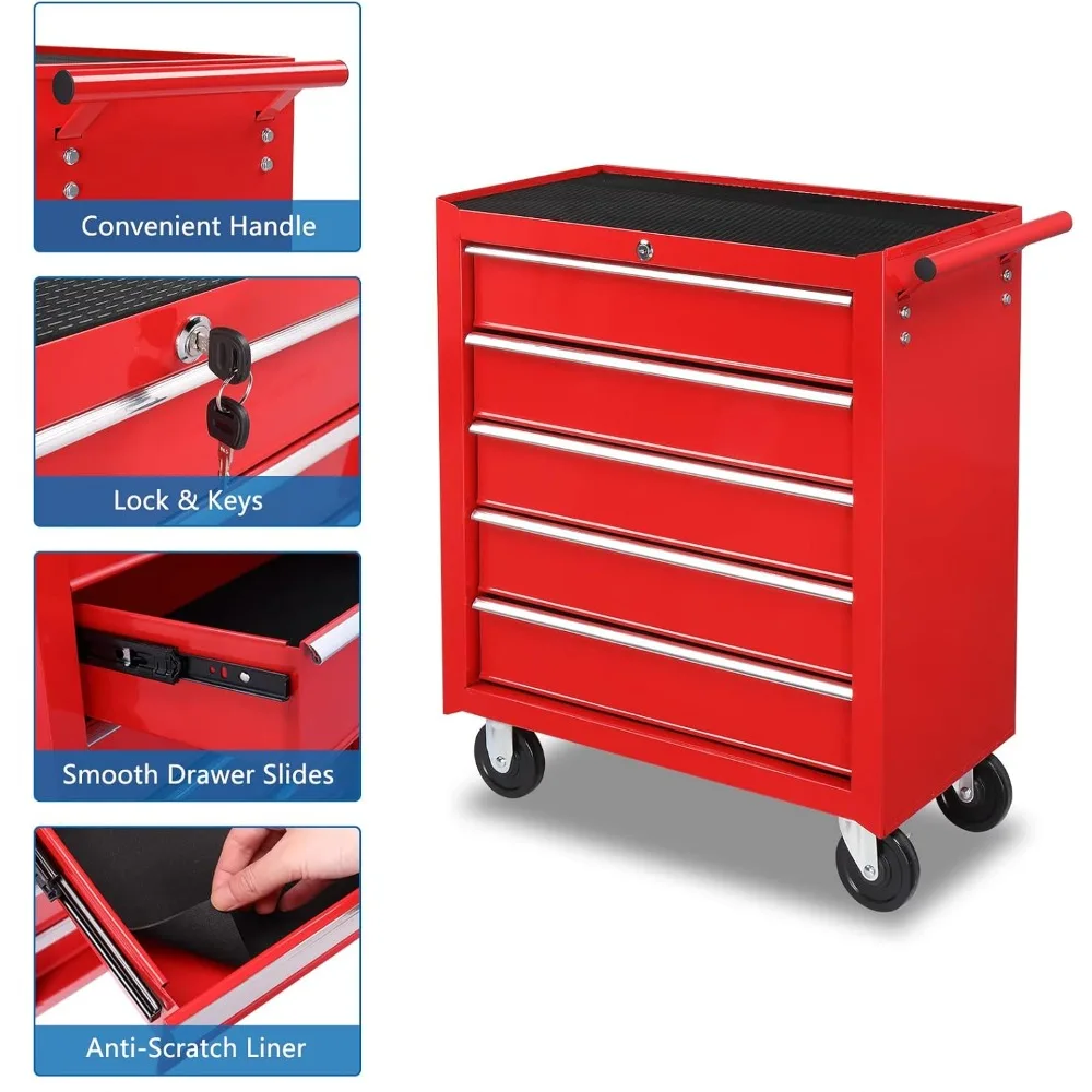 5-Drawer Rolling Tool Chest w/Lock & Key, Tool Storage Cabinet with Wheels, Top Cushion & Drawer Liners, Tool Organizer Box