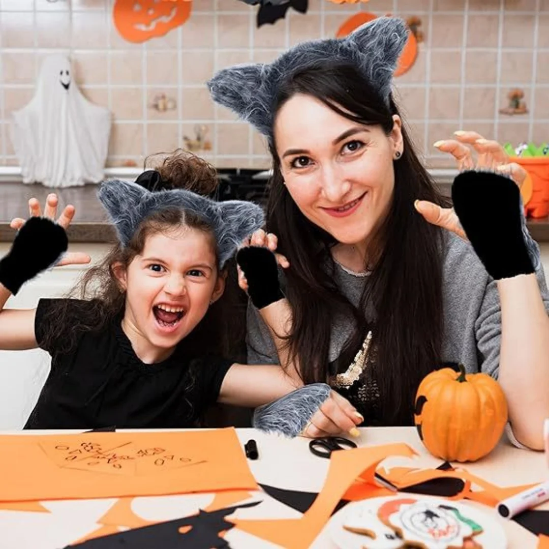 مجموعة أزياء الذئب على شكل آذان الذئب فروي، دعائم حفلات الذئب باللون الرمادي لحفلات الهدايا وحفلات أعياد الميلاد #3