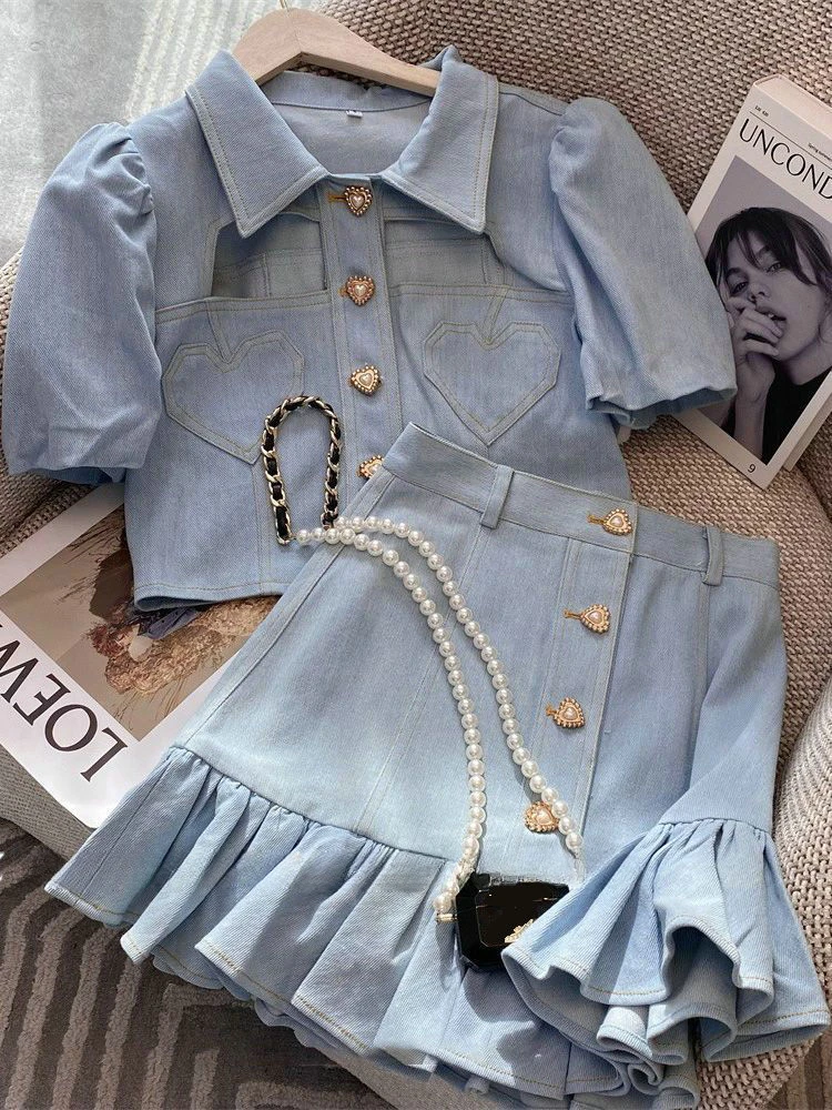 

2024 kids Baby Girls clothes set Fashion Short sleeved denim Top+Ruffles Skirts 2pcs 3-12 Teenage suit children outfit