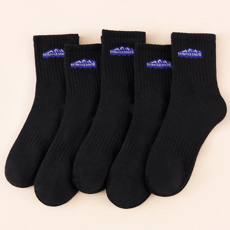 5 Pairs Of Seasonal Fashionable Vertical Stripes, Versatile, Soft And Casual, Sweat Absorbing, Black Letter Snow Mountain Socks