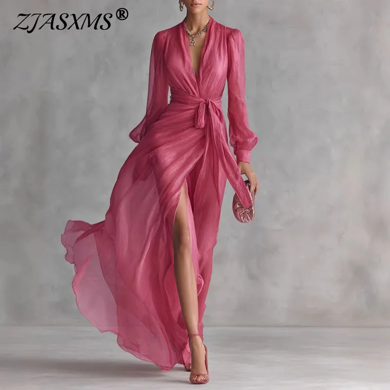 

Элегантное женское вечернее платье с глубоким V-образным вырезом и вырезами, новое весеннее платье с завязками на талии, длинное платье макси с высоким разрезом, однотонное, с длинными рукавами