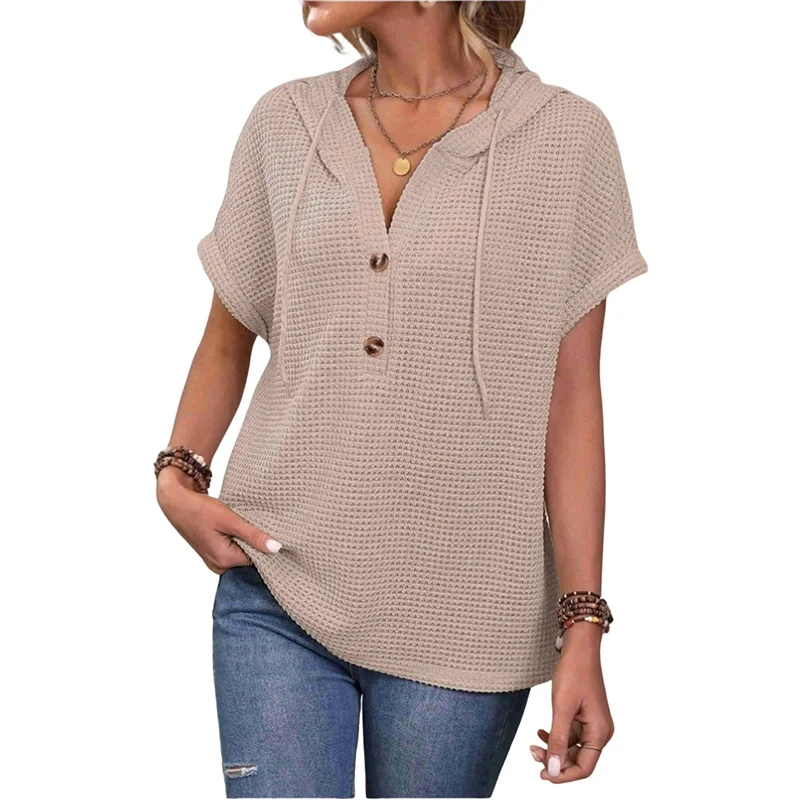 

ASDS-Women's Summer Knitted Light Drawstring Hooded Short Sleeves