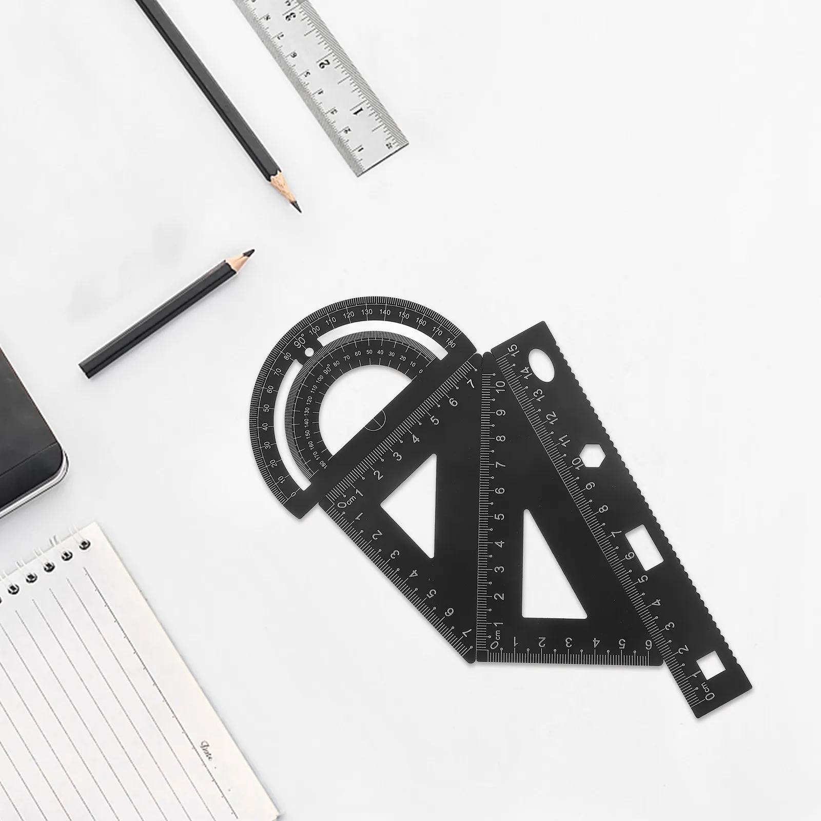 1Set Metal Ruler Set Professional Geometry Tools Includes Straight Edge Ruler Triangle Plate Semicircle Protractor for School