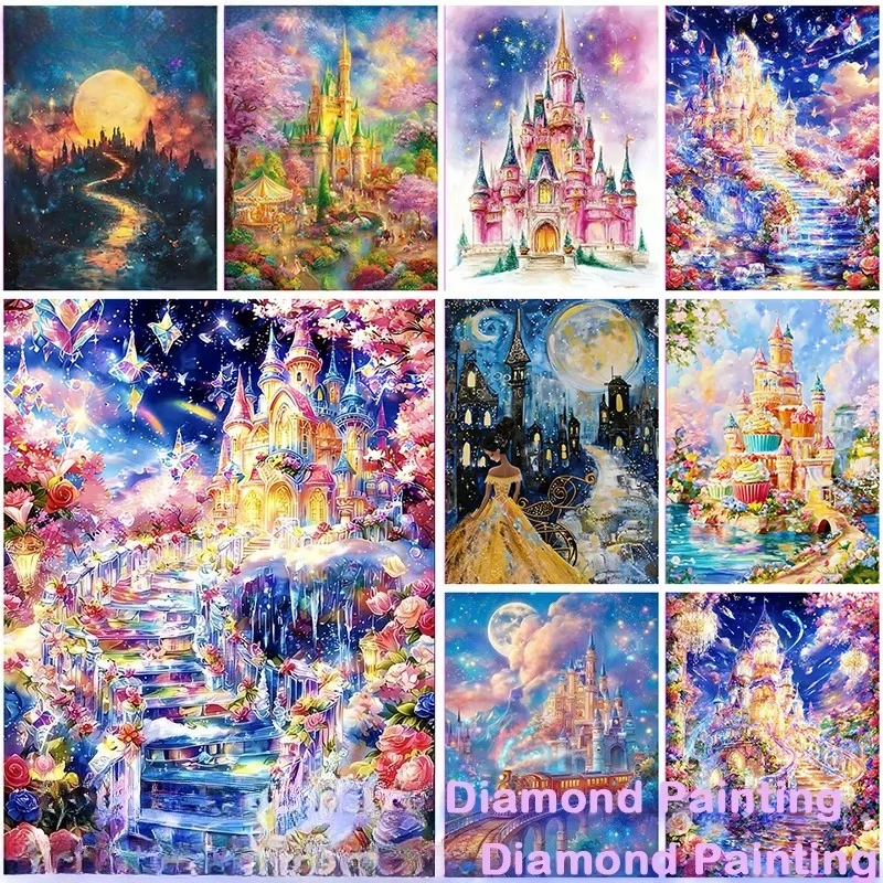 Traumhaftes Schloss Diamantkunst Quadratisches Vollkristall-Set Landschafts-Kreuzstich-Stickerei-Kit Heim-Deko 5D DIY Neuerscheinung