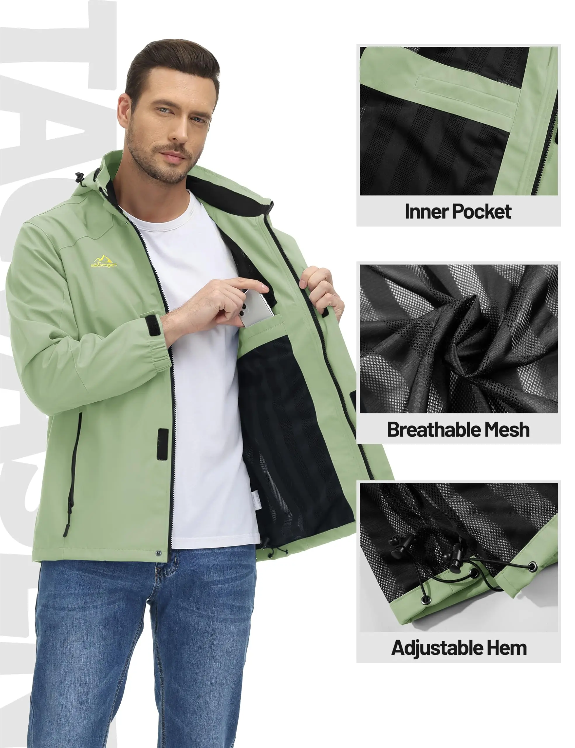 TACVASEN Lightweight Hiking Jackets Mens Waterproof Rain Jacket Mesh Lined Trekking Fishing Hiking Jacket Outdoor Windbreaker