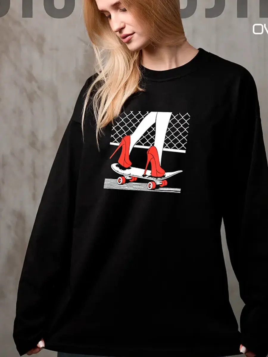 Zabawne Komiksy Śliczne Graficzne Czarne Bluzy z Długim Rękawem Koszulki 100% Bawełna Wygodne Luźne Duże Rozmiary Damskie Dziewczęce Punk Hip Hop