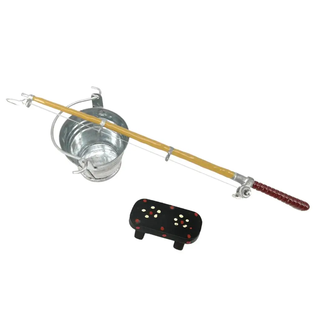 Miniature Iron Bucket Fishing Rod Bench Doll House Accessories Set Modern Decor 1 12 Scale for Dollhouse Garden Scene