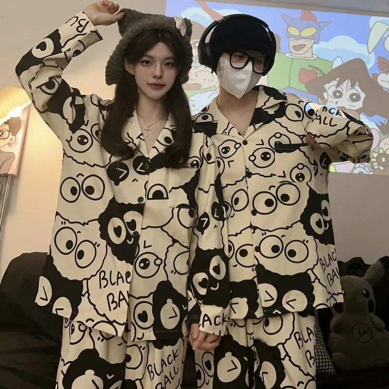 Couple Pajamas Cartoon Cinderblock Men\'s Summer and Fall Long-sleeved Set of Large Size Homewear Suit Can Be Worn Outside Suit