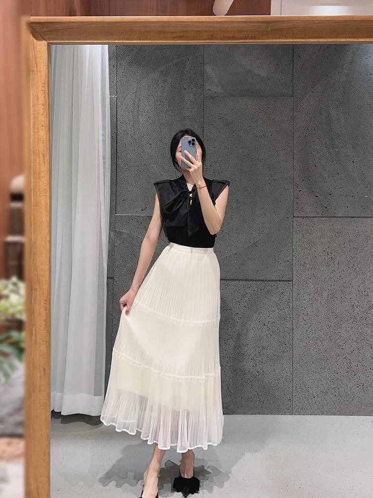 

Женская плиссированная шифоновая юбка Ele с декоративными элементами, высокая талия, А-силуэт, миди, абрикосовый цвет, для повседневной носки