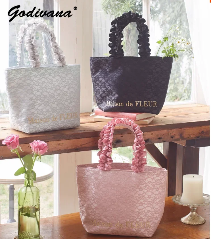 Japanese Style Lace Stitching Girls' Shoulder Bag Pleated Handle All-match Women's Handbag Sweet Tote Bags