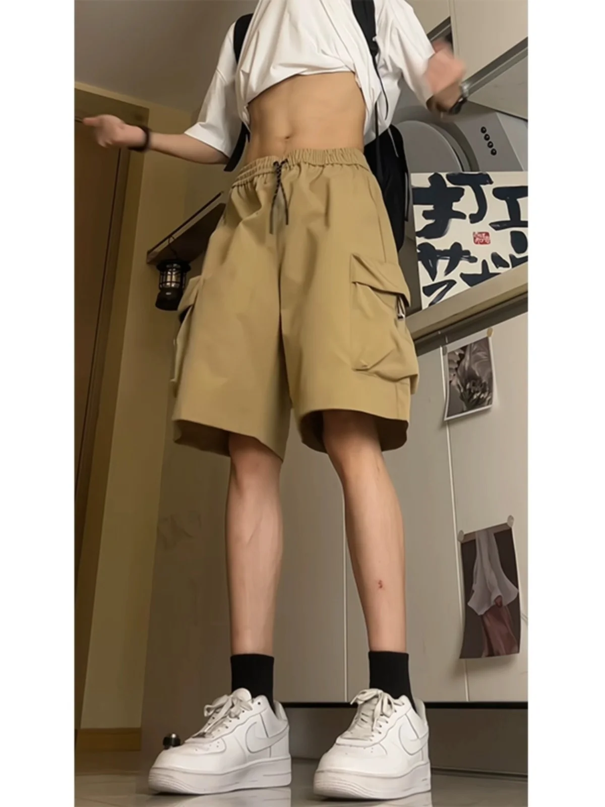 

Khaki Men's ort Pants Summer Casual Qui Dry Five-Point American Functional Outdoor Waterproof Jaet ket orts