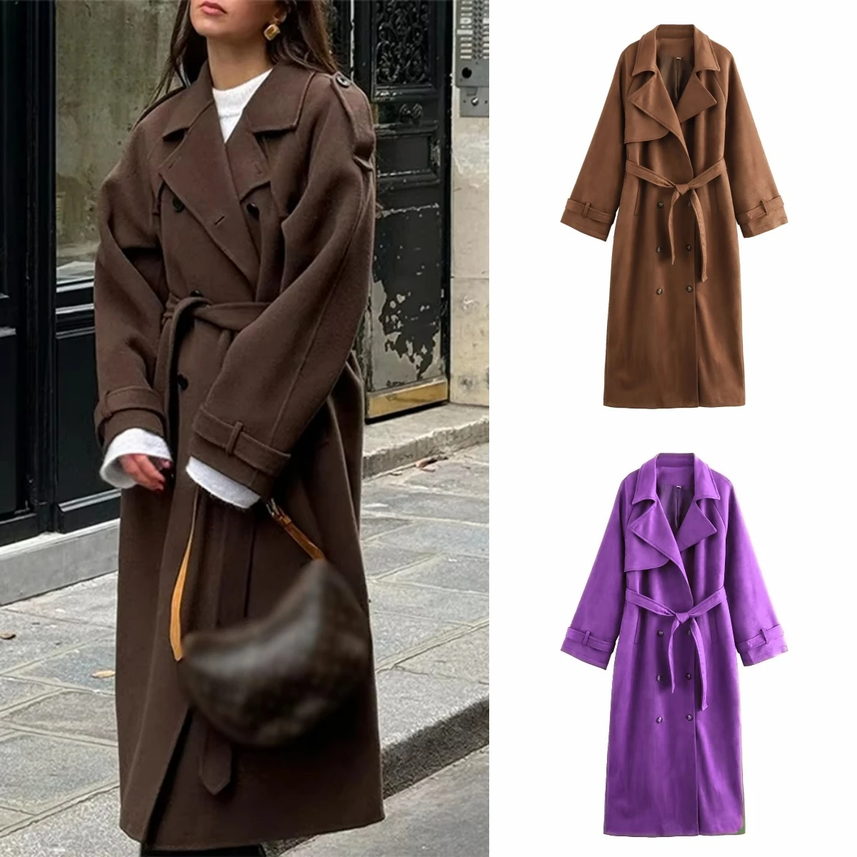 Elegant Women's Woolen Overcoat With Belt Street Lapel Double Breasted Full Sleeve Long Coat 2024 Autumn Lady Loose Outwear New