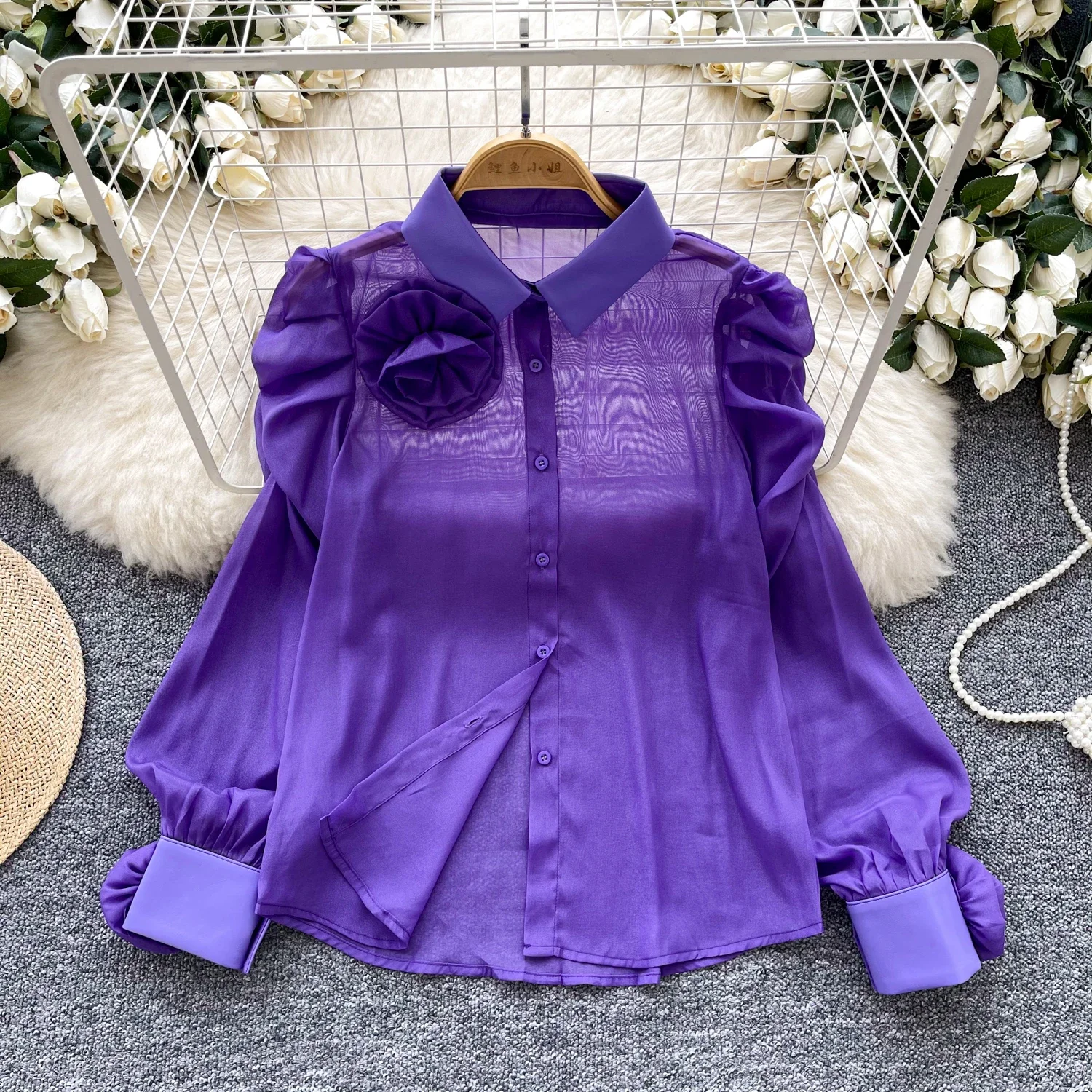 Vintage Three-dimensional Floral Chic Lantern Sleeve Slim Mesh Top Korean Fashion Women Streetwear High Street Autumn Blouse