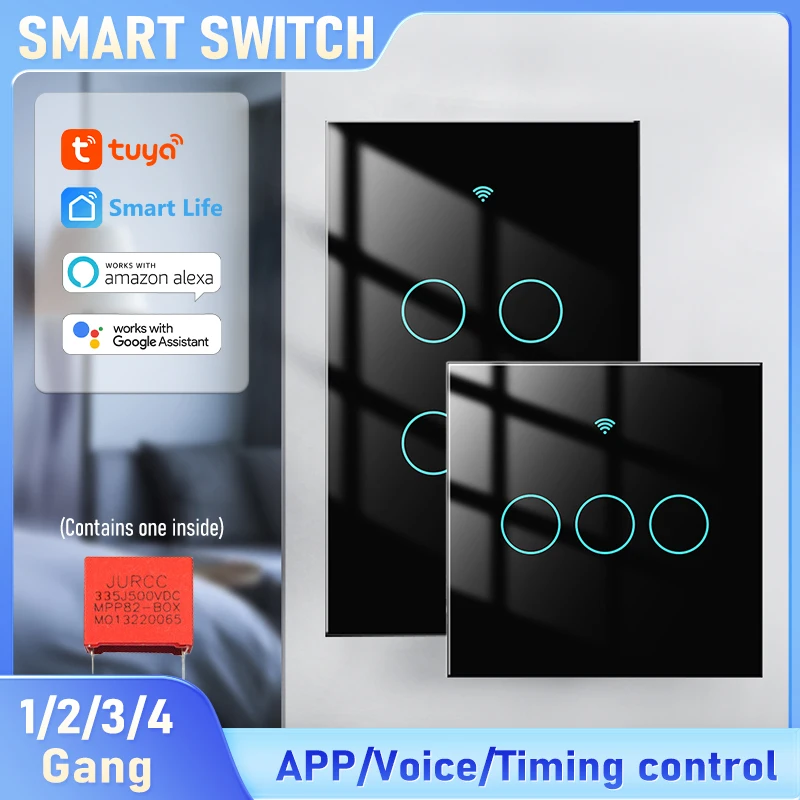 WiFi Tuya Smart Switch 1/2/3/4 Gang ,Tempered Glass Touch Panel Remote App/Voice Control,Works with Alexa/Google Assistant