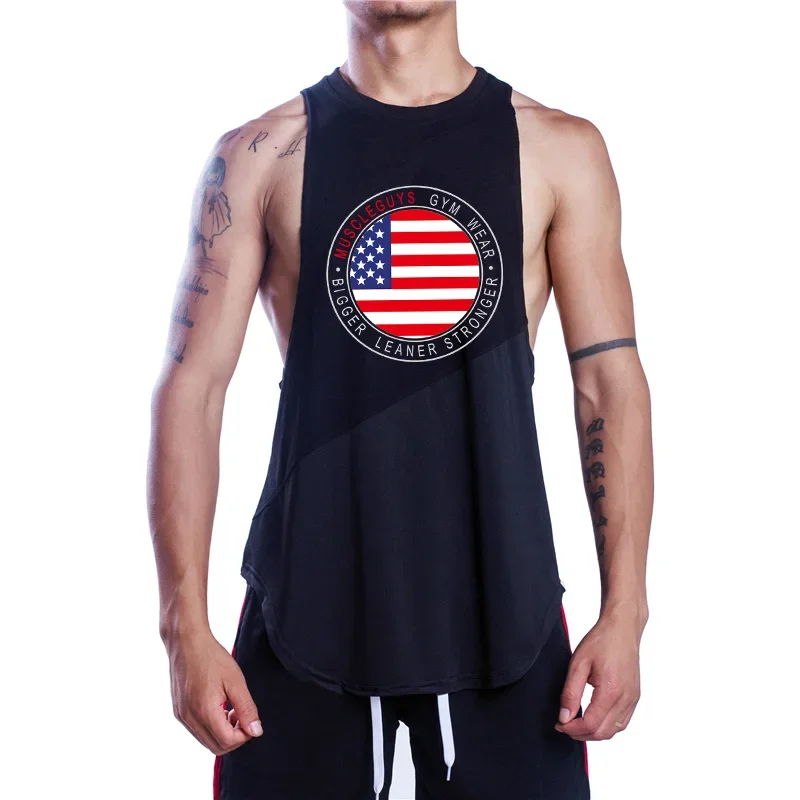 Muscleguys Brand Bodybuilding Sleeveless Shirts Mens Fitness Stringer Tank Tops Sportwear Vest Cotton + Mesh Gym Clothing
