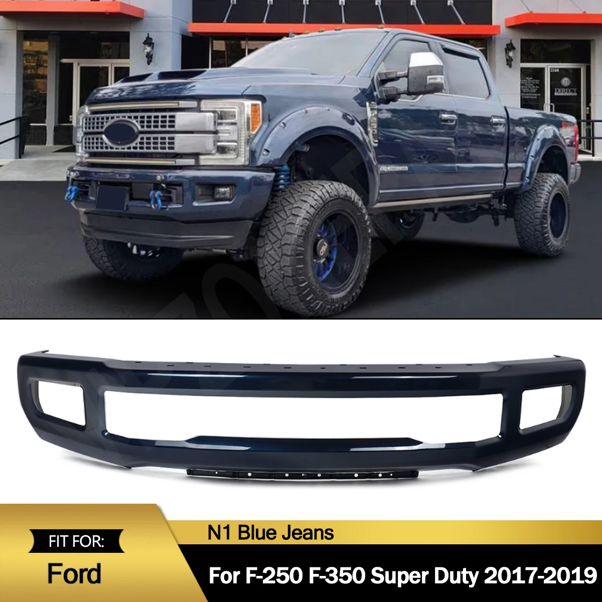 Magickit Front Bumper Face Bar w/ Fog Light Hole Fit For Ford F250 F350 2017 2018 2019 Front Bumper Guard Assembly Blue Jeans N1