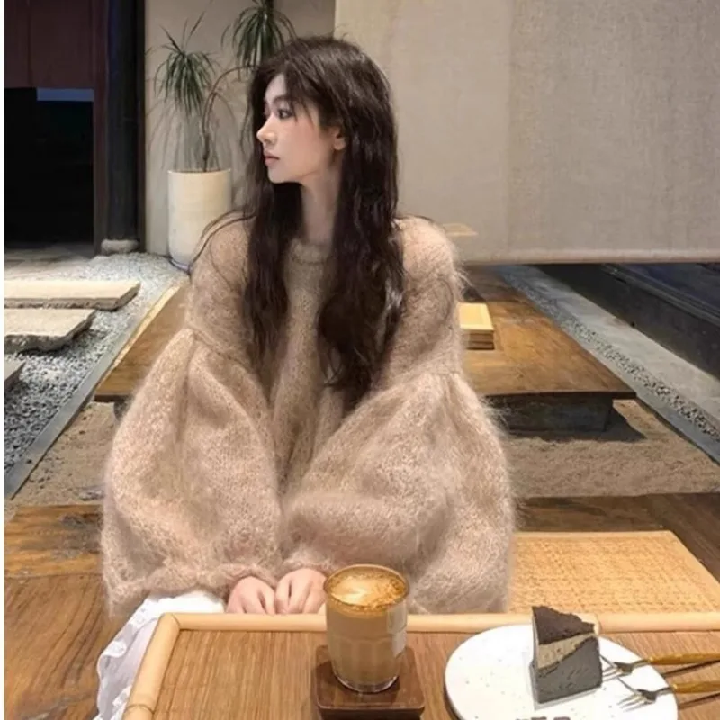 Women Autumn Winter Sweet Lazy Style Off Shoulder Mohair Sweater Loose Cover Fat Knit Pullover For Daily Wear