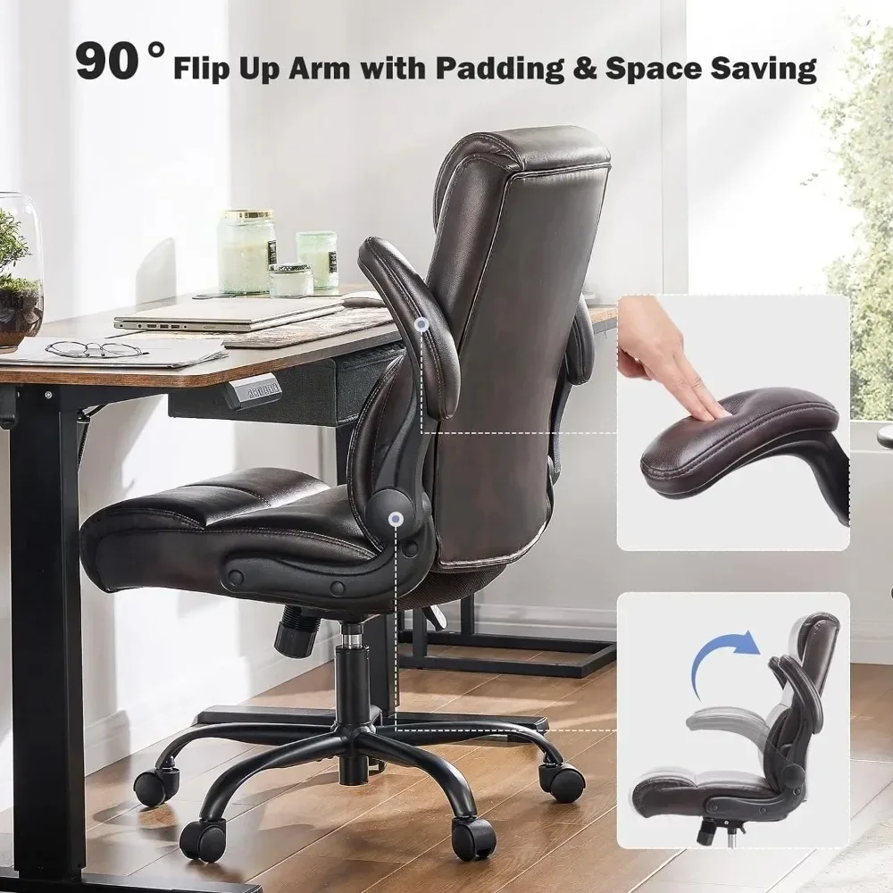 Silla de oficina ergonómica con reposabrazos abatible y soporte Lumbar, tarea de cuero PU con respaldo medio, ruedas giratorias de 360 °, sillas de escritorio marrones