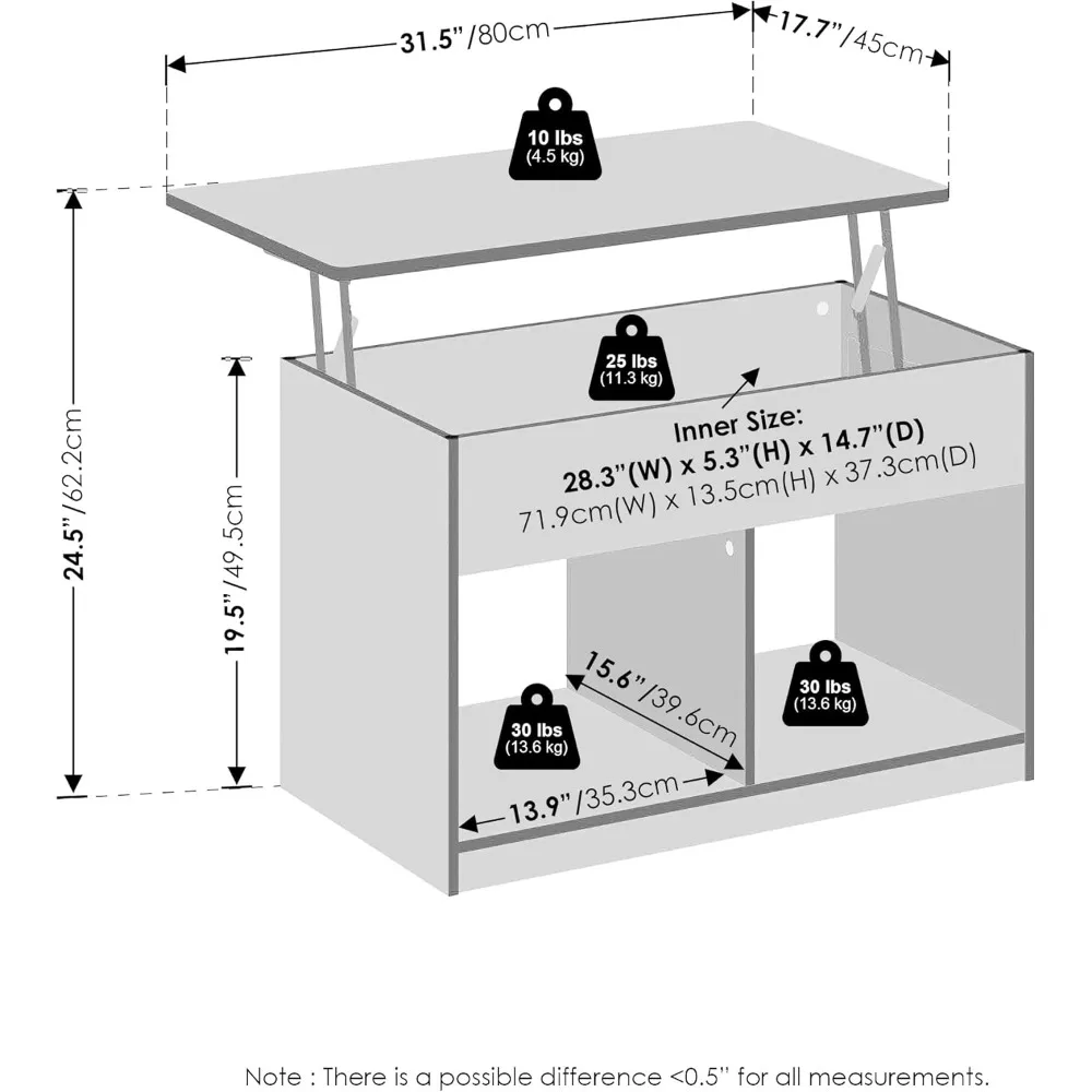Jensen Table basse relevable pour salon avec compartiment caché, blanc massif