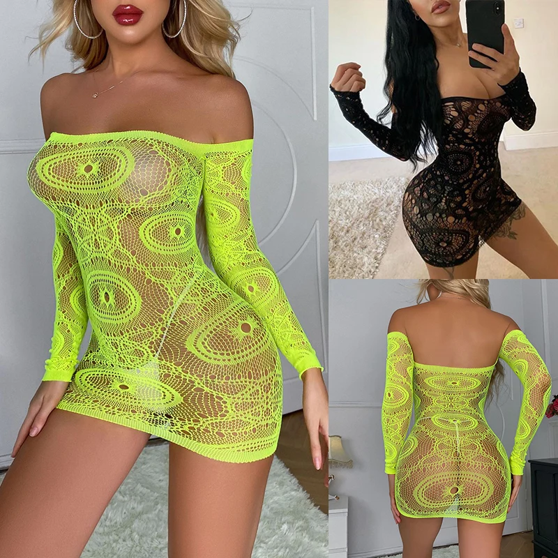 Fishnet Short Dress Sexy Lingerie for women Wrap Skirt Babydoll Sleepwear Lace Women Floral Mesh Hollow Out See-through