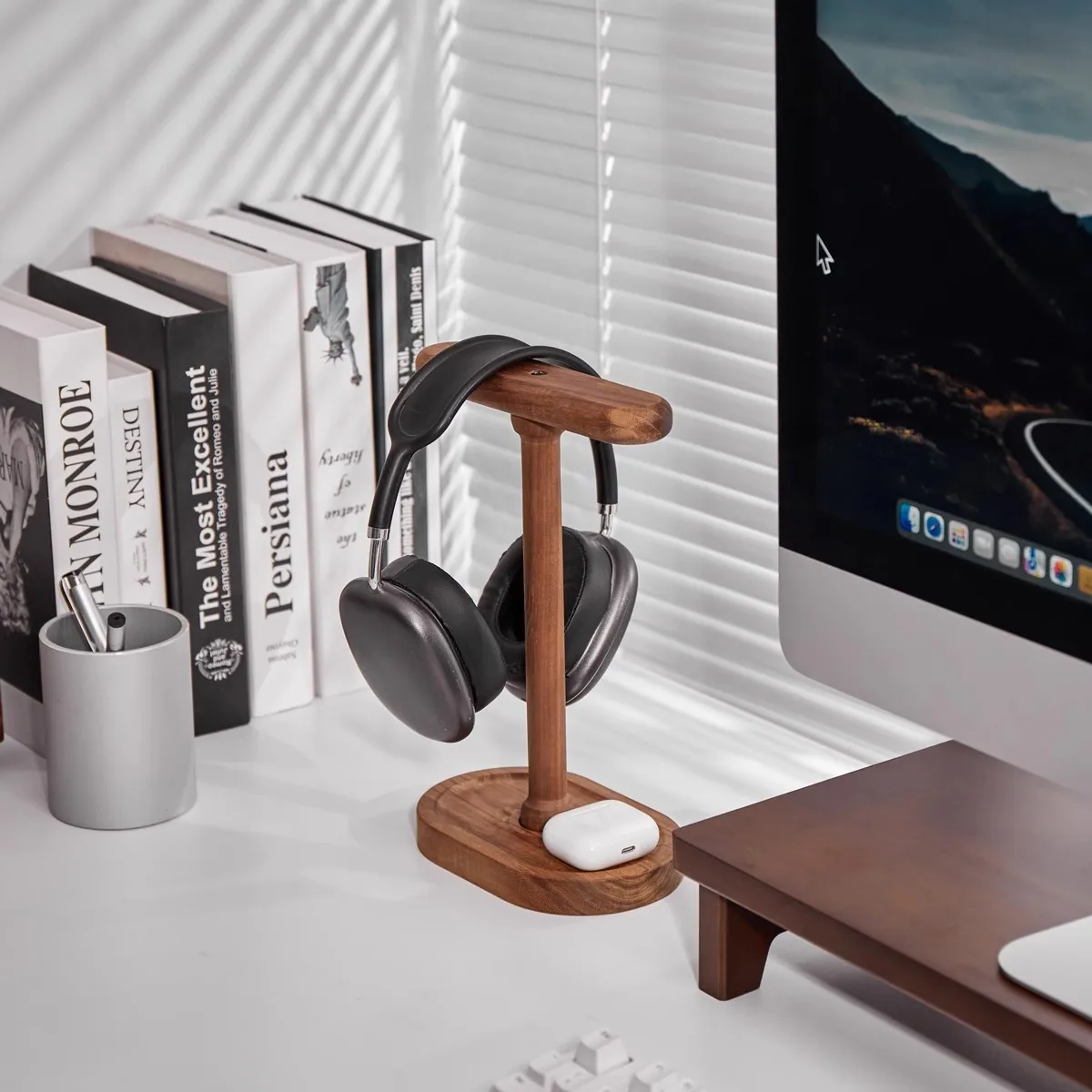 Soporte Universal para auriculares duales para Airpods Max, estante de exhibición de soporte para auriculares para juegos de escritorio de madera de nogal con Base estable