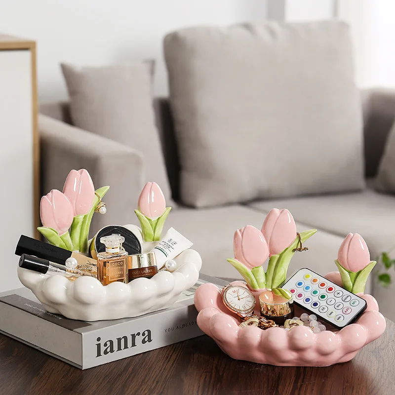 

Light Luxury Tulip Ceramic Vanity Tray, Floral Jewelry Cosmetics Keys Catchall Dish for Entryway Desktop Dresser, Gift for Women