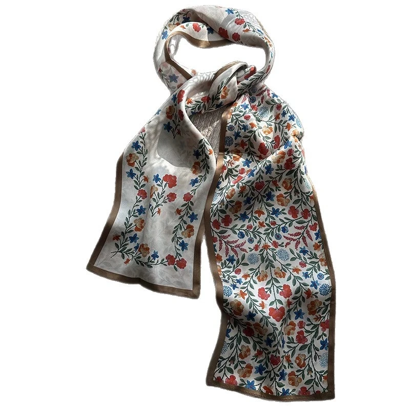 

Red Small Floral 100% Silk Scarf for Women Spring Double-layer Long Mulberry Silk Neckerchief
