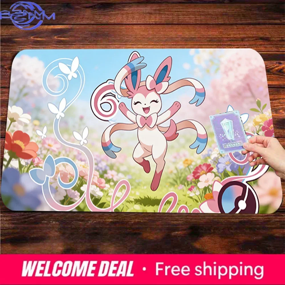 Sylveon Spring Cherry Blossom Flower Field Anime Large Mousepad, Rubber Non Slip Extended Gaming Desk Mat, Cartoon Table Pad for