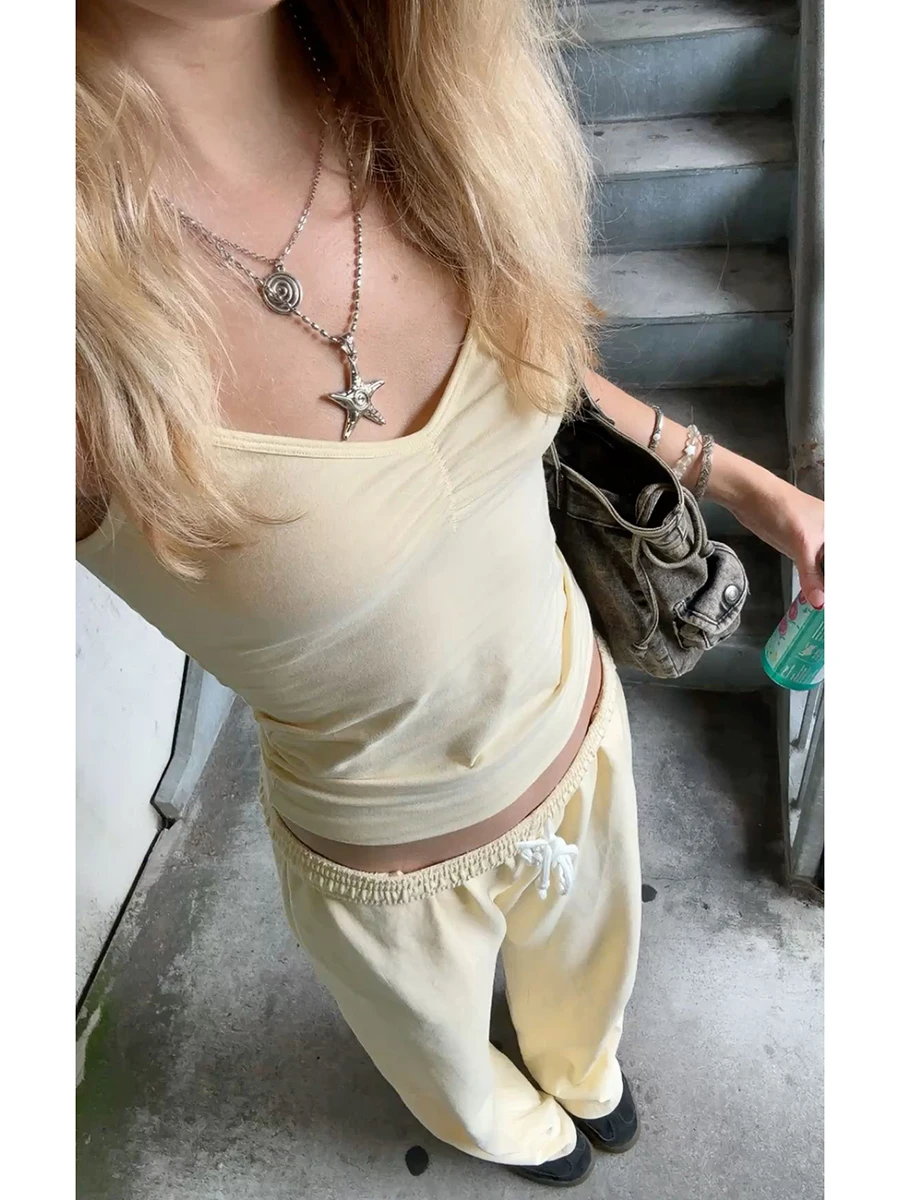 Botergeel Tankbroek 2-delige set Dames Plooien V-hals Slanke crop top met trekkoord Rechte joggingbroek Leuke katoenen thuissets