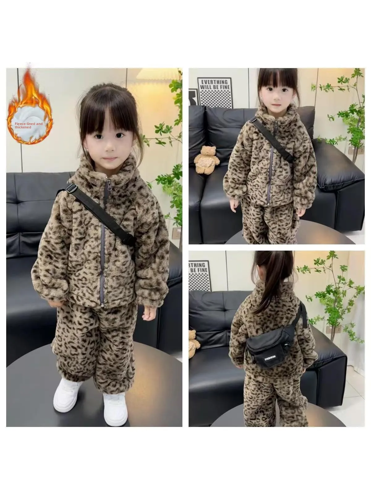 thickened-faux-rabbit-fur-coat-leopard-print-two-piece-set-for-girls-children's-clothing-polyester-fiber-winter-outfit