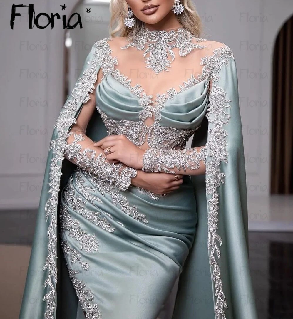 Middle East Couture Evening Dress With Long Cape Sleeve Sheer Neck Dubai Women Night Dinner Gowns  Engagement Party Dress Custom