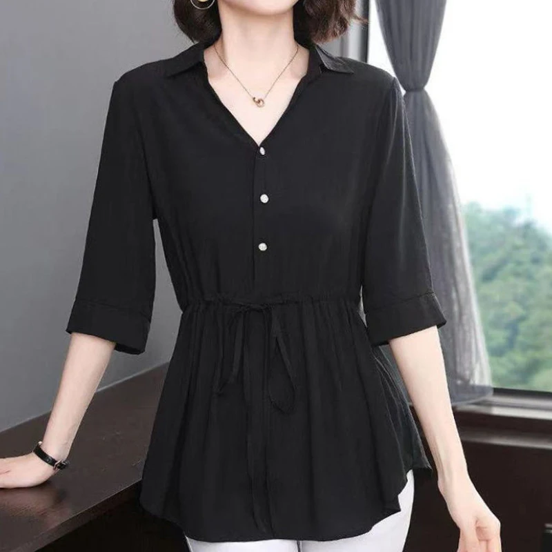 Elegant Fashion Casual Solid Button Belt Chiffon Shirt Summer 2023 Half Sleeve Polo-Neck Loose Pullovers Blouse Women\'s Clothing