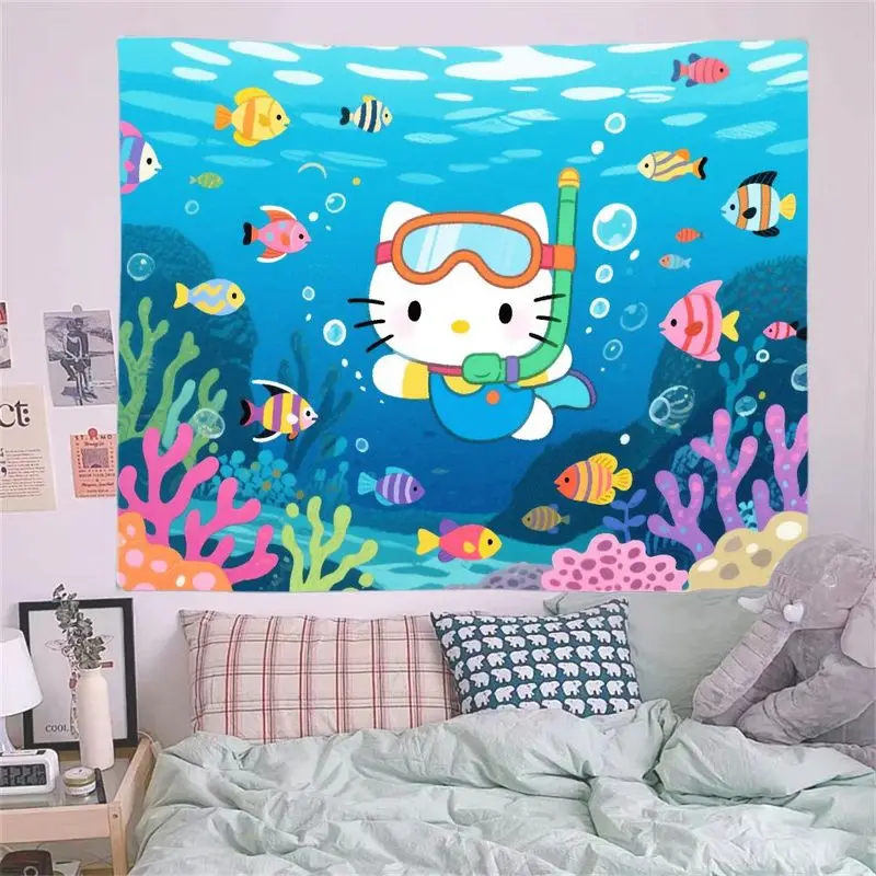 1 szt. Gobelin do snorkelingu z motywem Hello Kitty firmy Sanrio, żywa dekoracja ścienna z motywem oceanu, rybami i rafami koralowymi, uroczy, kawaii dekoracja poliestrowa do pokoju.
