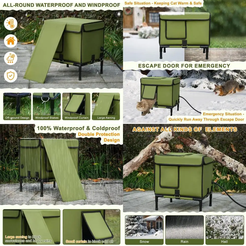 

Insulated Outdoor Winter Cat House with Waterproof Heating Pad and Escape Door for Feral and Stray Cats (Army Green, 16.5x12.5x1