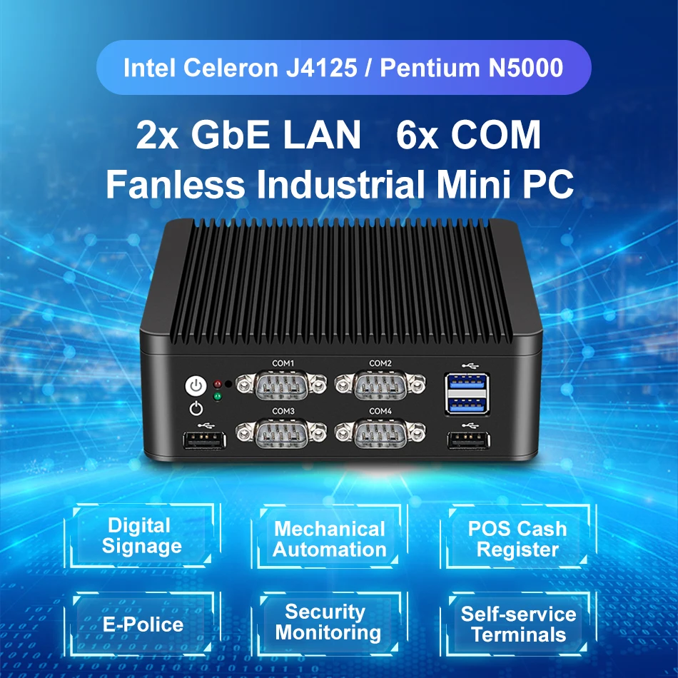 كمبيوتر صغير إنتل بنتيوم N5000 ، J4125 ، 2x Gbps LAN ، 6x COM ، RS232 ، RS485 ، 6x USB ، GPIO ، قابل للتوسيع ، سيم ، 4G ، واي فاي ، ويندوز 10 ، 11 ، أوبونتو