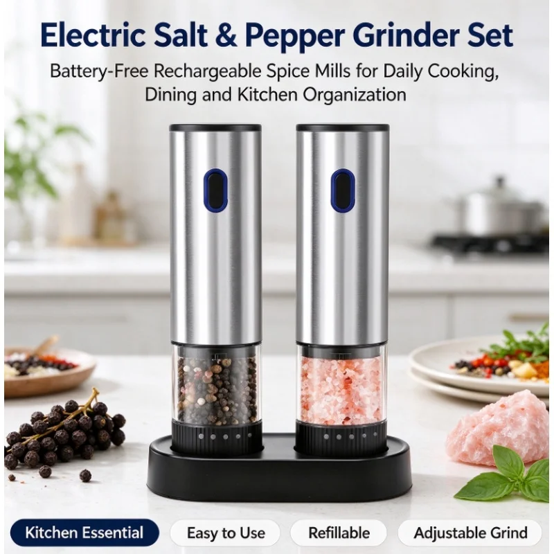 Stocking Stuffers Christmas Gift Rechargeable Auto Spice Grinder 1/2 Pack Electric Salt Pepper Mill Adjustable Grind