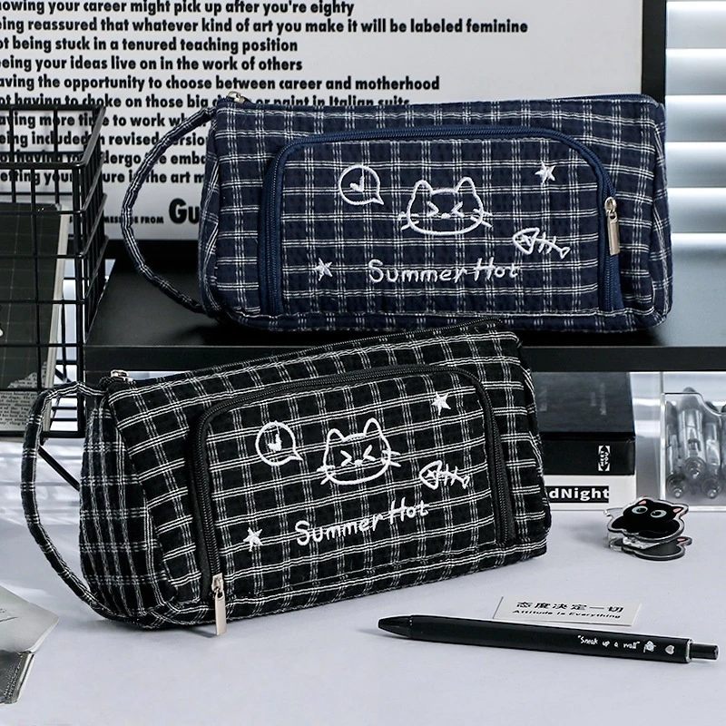 1pcs Mewo Cat Plaid Pencil Case Pen Bag Double Line Lattice Cute Kitties Large Capacity Handle Bag Storage Pouch A7920