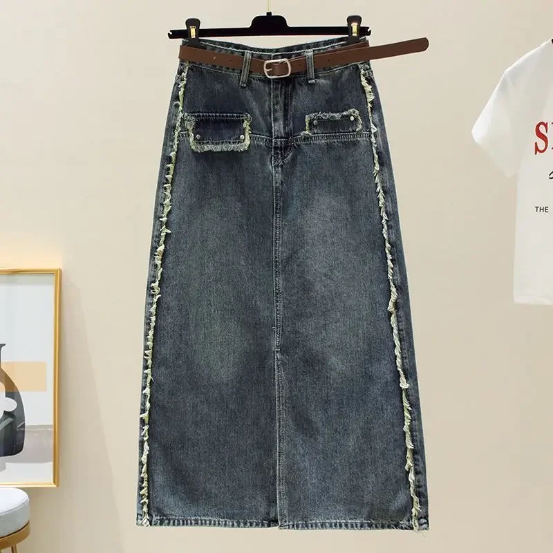 Vintage Split High Waist Denim Skirt A-line Women Summer 2024 Korean New Raw Hem Medium Length Jeans Skirt F91