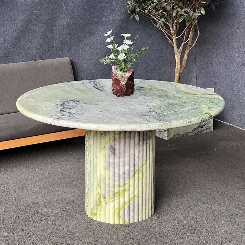 

xx1Simple light luxury natural green marble round dining table home modern Roman column