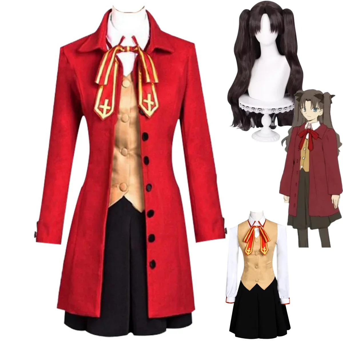 

Костюм для косплея аниме «Fate/stay Night Tohsaka Rin», красное пальто с дьявольским париком, школьная форма, юбка, Женский кавайный костюм для кампуса