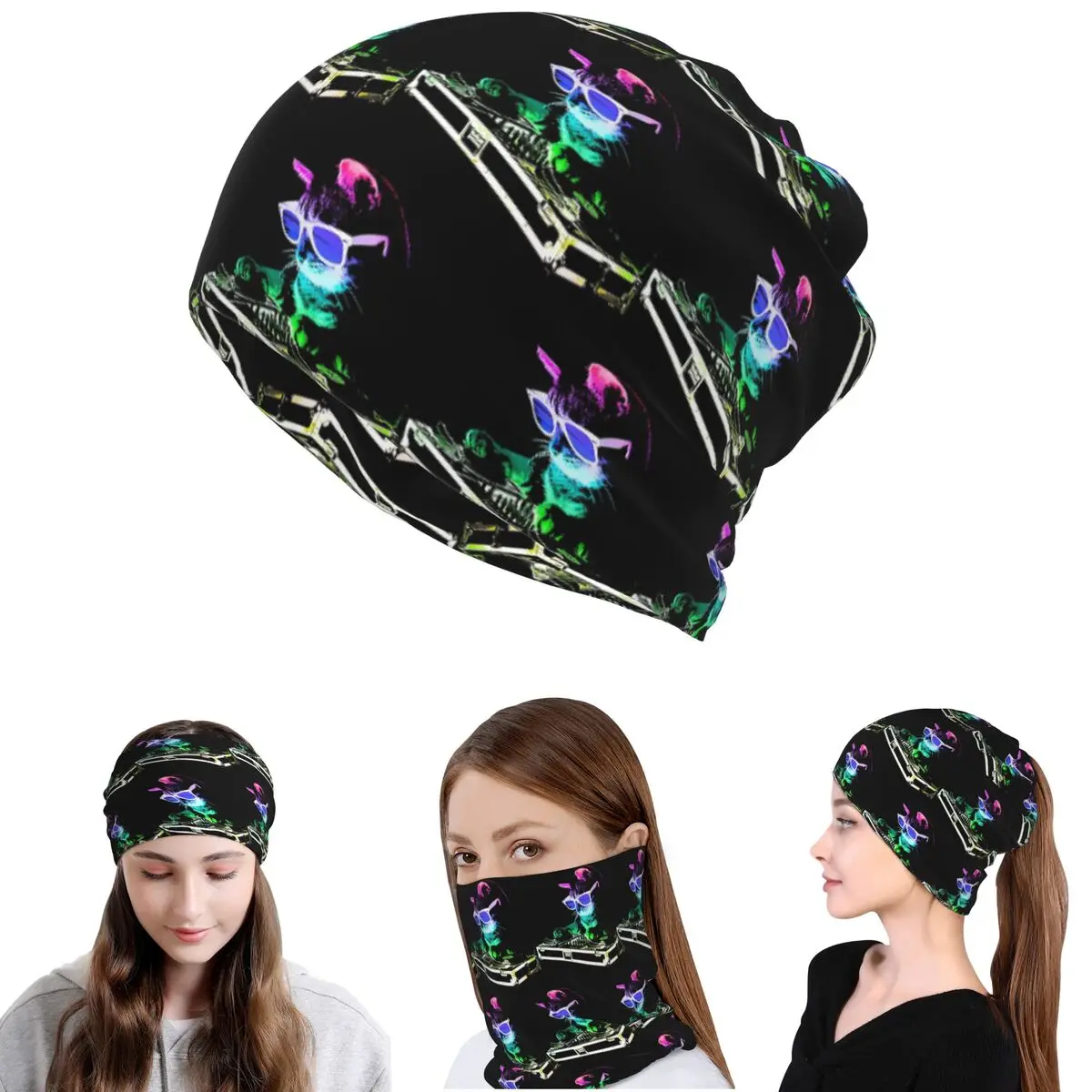 

House Cat Rainbow Dj Kitty Bandana Neck Gaiter Wrap Scarf Multi-use Face Mask Beanies Hat for Men Women Adult All Season